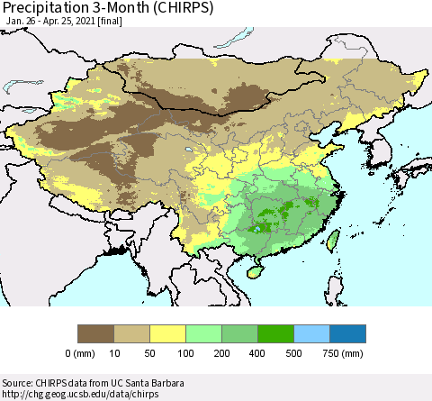 China, Mongolia and Taiwan Precipitation 3-Month (CHIRPS) Thematic Map For 1/26/2021 - 4/25/2021