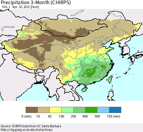 China, Mongolia and Taiwan Precipitation 3-Month (CHIRPS) Thematic Map For 2/1/2021 - 4/30/2021