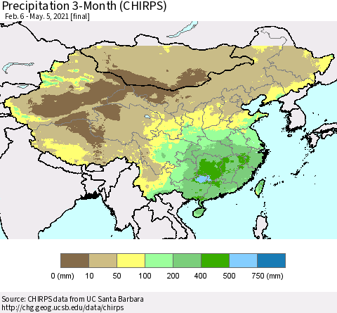 China, Mongolia and Taiwan Precipitation 3-Month (CHIRPS) Thematic Map For 2/6/2021 - 5/5/2021