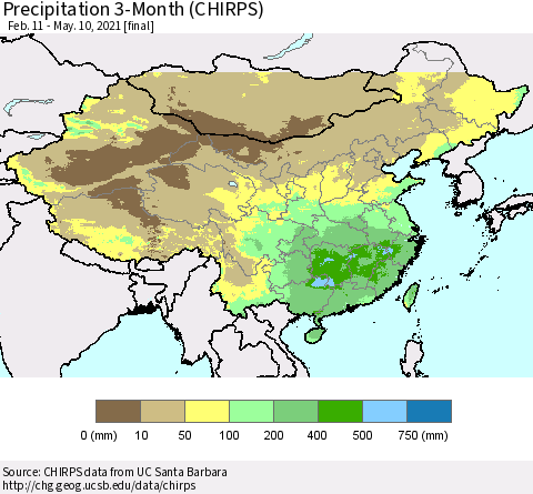 China, Mongolia and Taiwan Precipitation 3-Month (CHIRPS) Thematic Map For 2/11/2021 - 5/10/2021