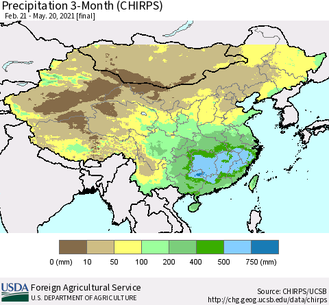 China, Mongolia and Taiwan Precipitation 3-Month (CHIRPS) Thematic Map For 2/21/2021 - 5/20/2021