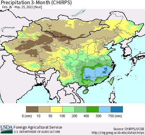 China, Mongolia and Taiwan Precipitation 3-Month (CHIRPS) Thematic Map For 2/26/2021 - 5/25/2021