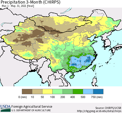 China, Mongolia and Taiwan Precipitation 3-Month (CHIRPS) Thematic Map For 3/1/2021 - 5/31/2021