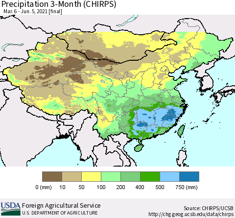 China, Mongolia and Taiwan Precipitation 3-Month (CHIRPS) Thematic Map For 3/6/2021 - 6/5/2021