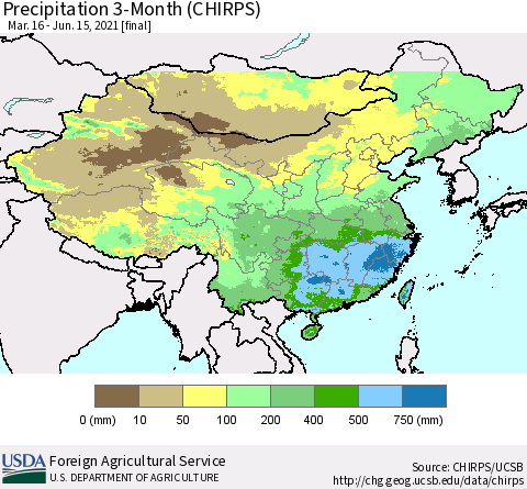 China, Mongolia and Taiwan Precipitation 3-Month (CHIRPS) Thematic Map For 3/16/2021 - 6/15/2021