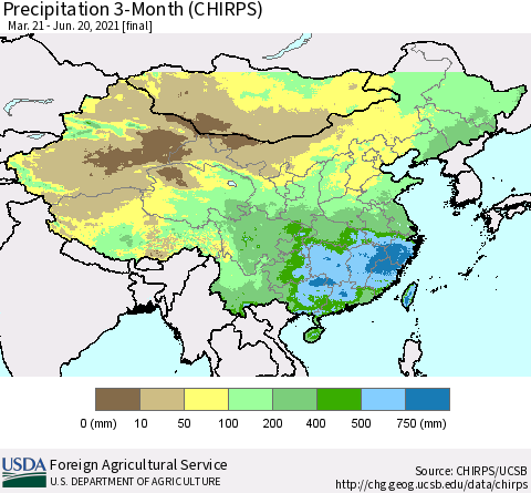 China, Mongolia and Taiwan Precipitation 3-Month (CHIRPS) Thematic Map For 3/21/2021 - 6/20/2021