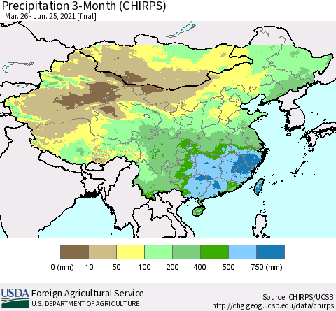 China, Mongolia and Taiwan Precipitation 3-Month (CHIRPS) Thematic Map For 3/26/2021 - 6/25/2021