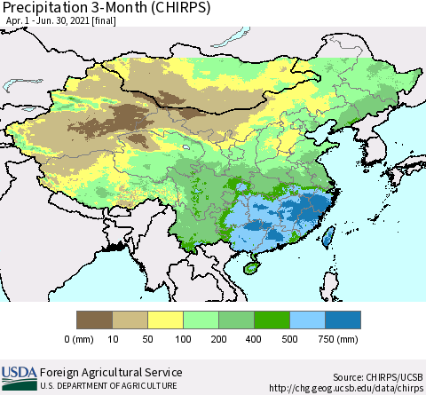 China, Mongolia and Taiwan Precipitation 3-Month (CHIRPS) Thematic Map For 4/1/2021 - 6/30/2021