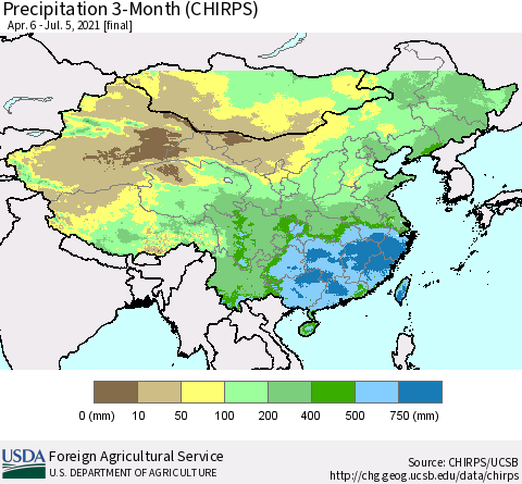 China, Mongolia and Taiwan Precipitation 3-Month (CHIRPS) Thematic Map For 4/6/2021 - 7/5/2021