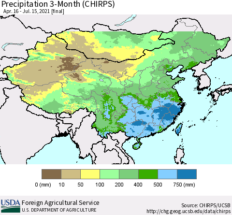 China, Mongolia and Taiwan Precipitation 3-Month (CHIRPS) Thematic Map For 4/16/2021 - 7/15/2021