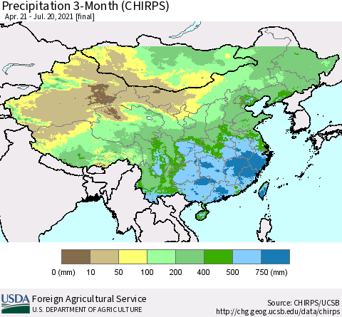 China, Mongolia and Taiwan Precipitation 3-Month (CHIRPS) Thematic Map For 4/21/2021 - 7/20/2021