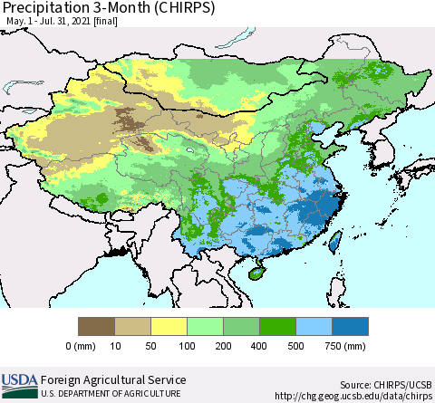 China, Mongolia and Taiwan Precipitation 3-Month (CHIRPS) Thematic Map For 5/1/2021 - 7/31/2021