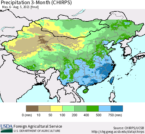 China, Mongolia and Taiwan Precipitation 3-Month (CHIRPS) Thematic Map For 5/6/2021 - 8/5/2021