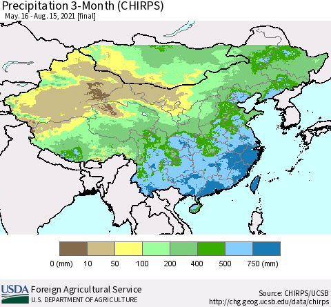 China, Mongolia and Taiwan Precipitation 3-Month (CHIRPS) Thematic Map For 5/16/2021 - 8/15/2021