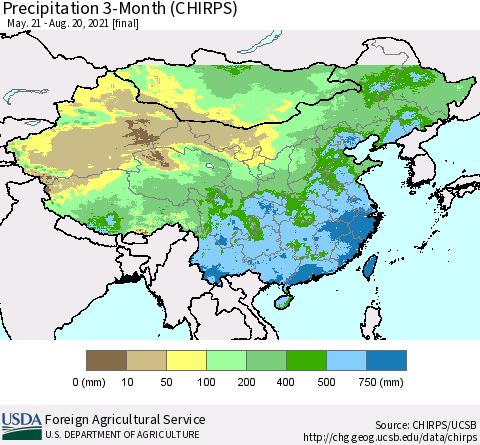 China, Mongolia and Taiwan Precipitation 3-Month (CHIRPS) Thematic Map For 5/21/2021 - 8/20/2021