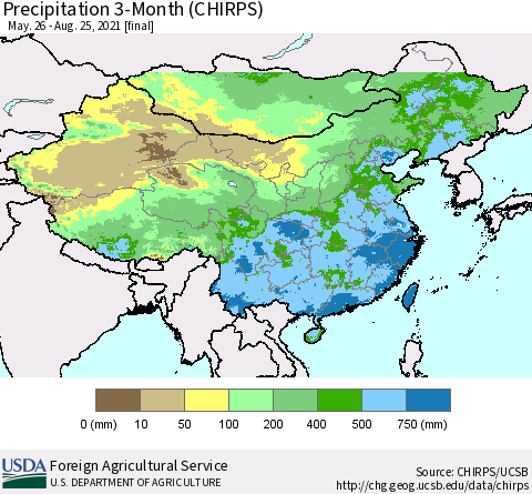 China, Mongolia and Taiwan Precipitation 3-Month (CHIRPS) Thematic Map For 5/26/2021 - 8/25/2021