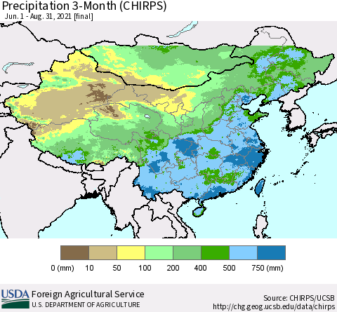 China, Mongolia and Taiwan Precipitation 3-Month (CHIRPS) Thematic Map For 6/1/2021 - 8/31/2021