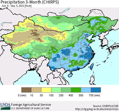 China, Mongolia and Taiwan Precipitation 3-Month (CHIRPS) Thematic Map For 6/6/2021 - 9/5/2021