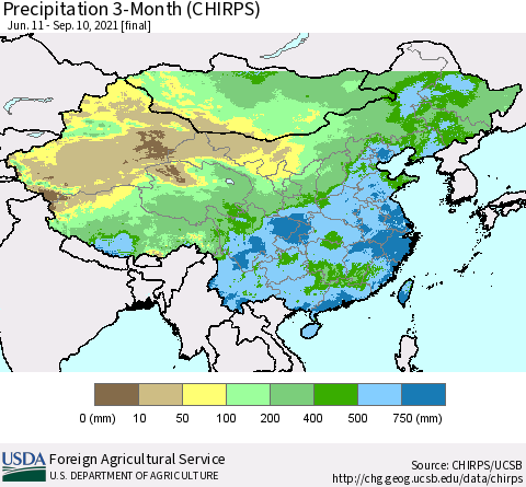 China, Mongolia and Taiwan Precipitation 3-Month (CHIRPS) Thematic Map For 6/11/2021 - 9/10/2021