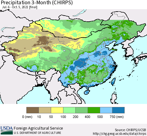 China, Mongolia and Taiwan Precipitation 3-Month (CHIRPS) Thematic Map For 7/6/2021 - 10/5/2021