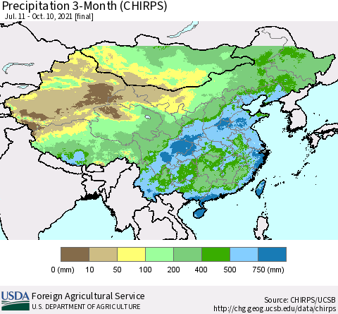 China, Mongolia and Taiwan Precipitation 3-Month (CHIRPS) Thematic Map For 7/11/2021 - 10/10/2021
