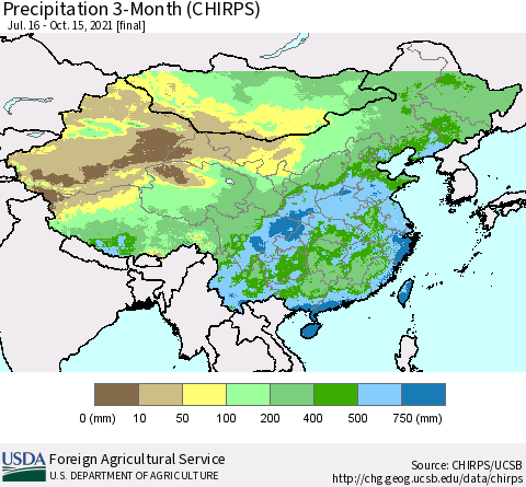 China, Mongolia and Taiwan Precipitation 3-Month (CHIRPS) Thematic Map For 7/16/2021 - 10/15/2021
