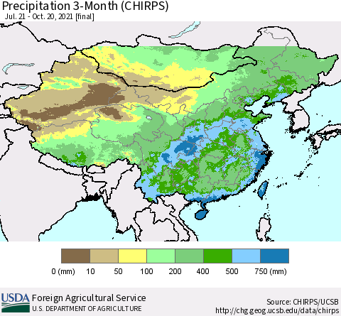 China, Mongolia and Taiwan Precipitation 3-Month (CHIRPS) Thematic Map For 7/21/2021 - 10/20/2021