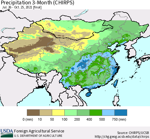 China, Mongolia and Taiwan Precipitation 3-Month (CHIRPS) Thematic Map For 7/26/2021 - 10/25/2021