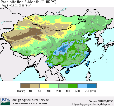 China, Mongolia and Taiwan Precipitation 3-Month (CHIRPS) Thematic Map For 8/1/2021 - 10/31/2021