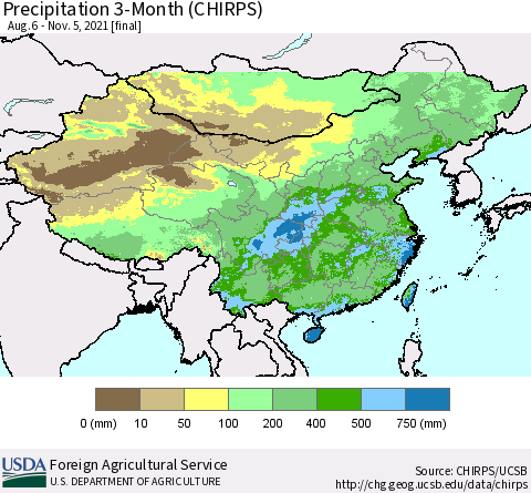 China, Mongolia and Taiwan Precipitation 3-Month (CHIRPS) Thematic Map For 8/6/2021 - 11/5/2021