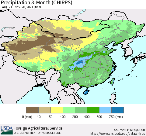 China, Mongolia and Taiwan Precipitation 3-Month (CHIRPS) Thematic Map For 8/21/2021 - 11/20/2021