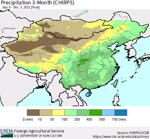 China, Mongolia and Taiwan Precipitation 3-Month (CHIRPS) Thematic Map For 9/6/2021 - 12/5/2021