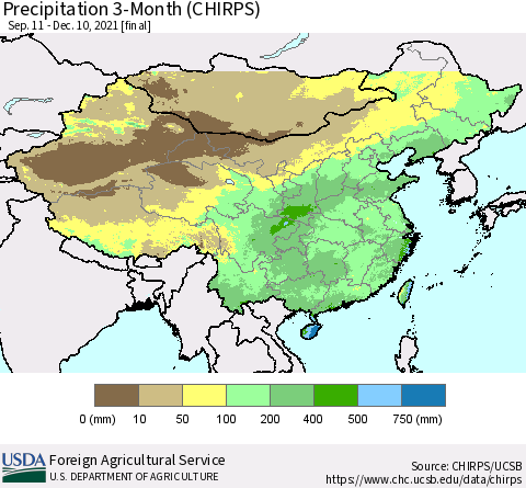 China, Mongolia and Taiwan Precipitation 3-Month (CHIRPS) Thematic Map For 9/11/2021 - 12/10/2021