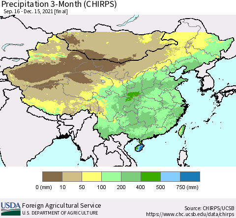 China, Mongolia and Taiwan Precipitation 3-Month (CHIRPS) Thematic Map For 9/16/2021 - 12/15/2021