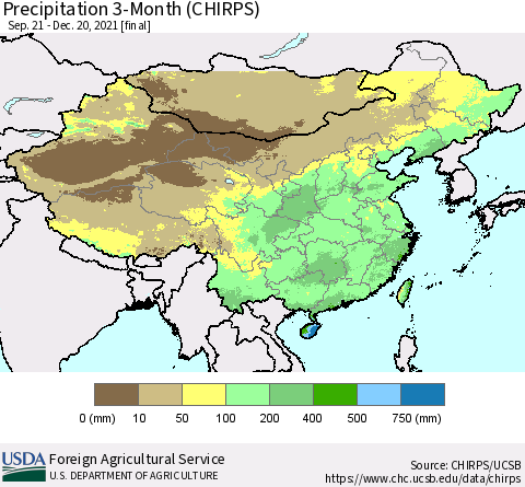 China, Mongolia and Taiwan Precipitation 3-Month (CHIRPS) Thematic Map For 9/21/2021 - 12/20/2021