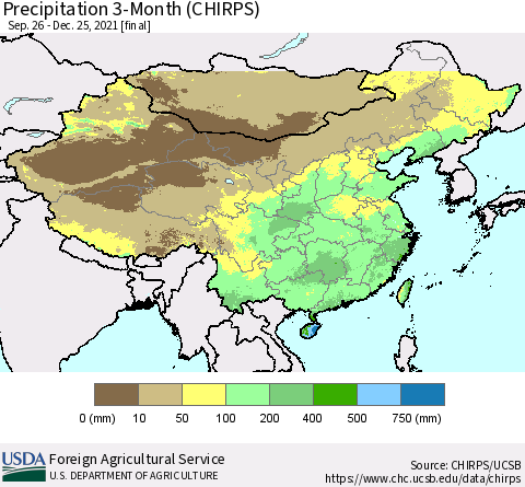 China, Mongolia and Taiwan Precipitation 3-Month (CHIRPS) Thematic Map For 9/26/2021 - 12/25/2021