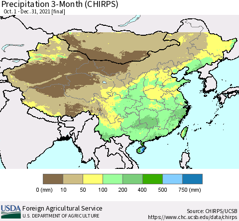 China, Mongolia and Taiwan Precipitation 3-Month (CHIRPS) Thematic Map For 10/1/2021 - 12/31/2021