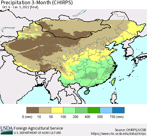 China, Mongolia and Taiwan Precipitation 3-Month (CHIRPS) Thematic Map For 10/6/2021 - 1/5/2022
