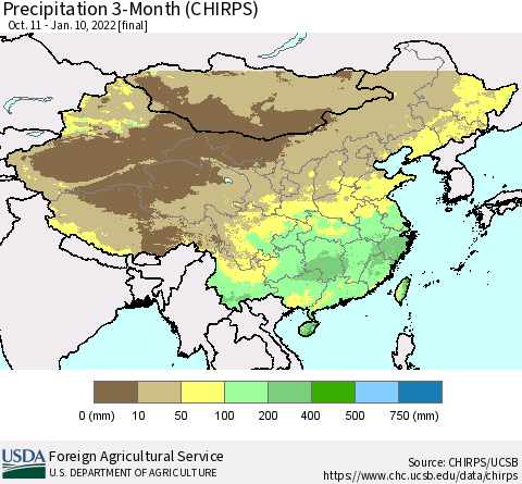 China, Mongolia and Taiwan Precipitation 3-Month (CHIRPS) Thematic Map For 10/11/2021 - 1/10/2022