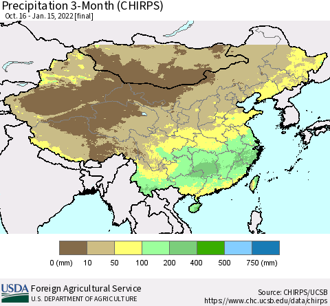 China, Mongolia and Taiwan Precipitation 3-Month (CHIRPS) Thematic Map For 10/16/2021 - 1/15/2022