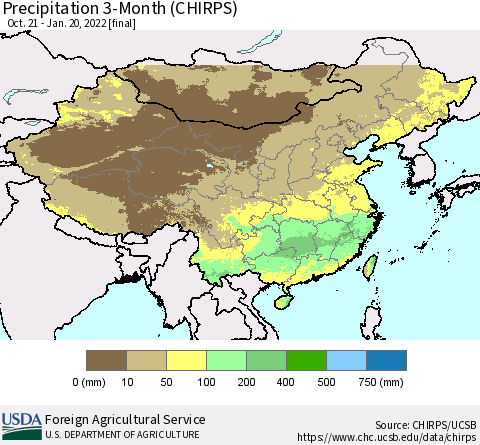 China, Mongolia and Taiwan Precipitation 3-Month (CHIRPS) Thematic Map For 10/21/2021 - 1/20/2022