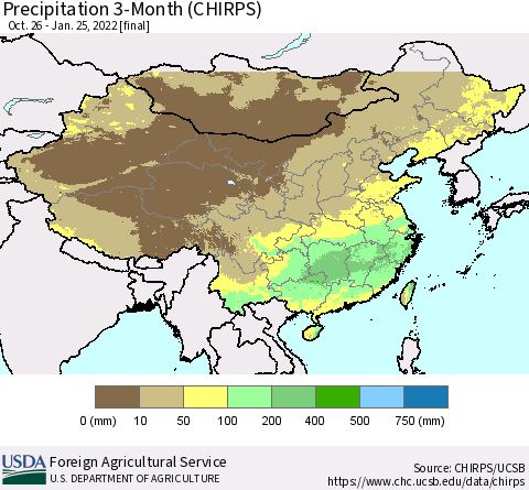 China, Mongolia and Taiwan Precipitation 3-Month (CHIRPS) Thematic Map For 10/26/2021 - 1/25/2022