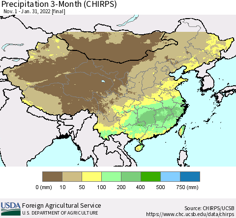 China, Mongolia and Taiwan Precipitation 3-Month (CHIRPS) Thematic Map For 11/1/2021 - 1/31/2022