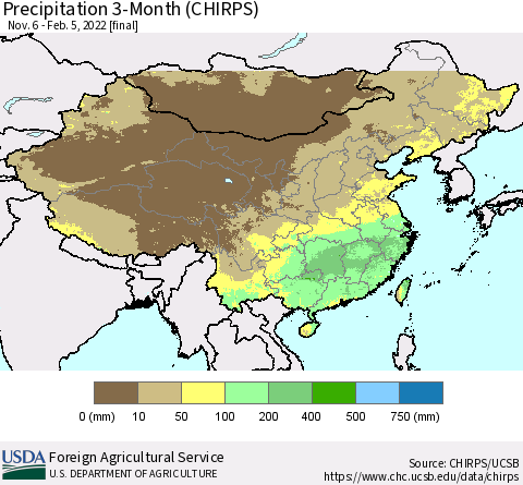 China, Mongolia and Taiwan Precipitation 3-Month (CHIRPS) Thematic Map For 11/6/2021 - 2/5/2022