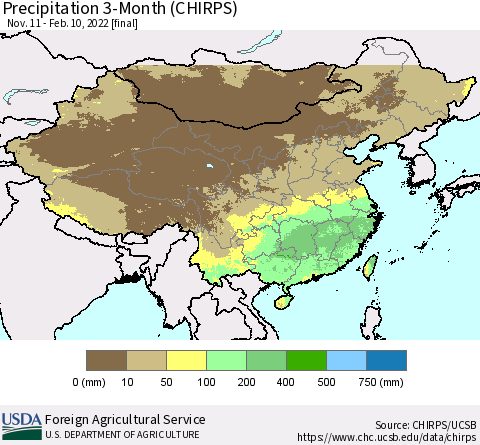 China, Mongolia and Taiwan Precipitation 3-Month (CHIRPS) Thematic Map For 11/11/2021 - 2/10/2022