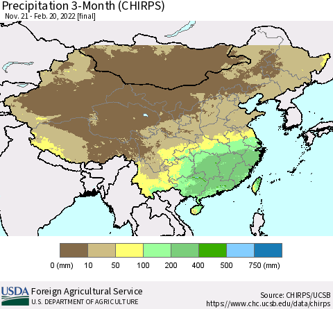 China, Mongolia and Taiwan Precipitation 3-Month (CHIRPS) Thematic Map For 11/21/2021 - 2/20/2022