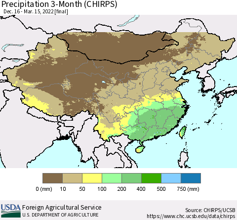 China, Mongolia and Taiwan Precipitation 3-Month (CHIRPS) Thematic Map For 12/16/2021 - 3/15/2022