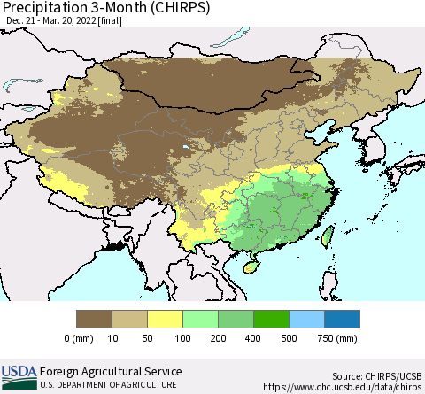 China, Mongolia and Taiwan Precipitation 3-Month (CHIRPS) Thematic Map For 12/21/2021 - 3/20/2022