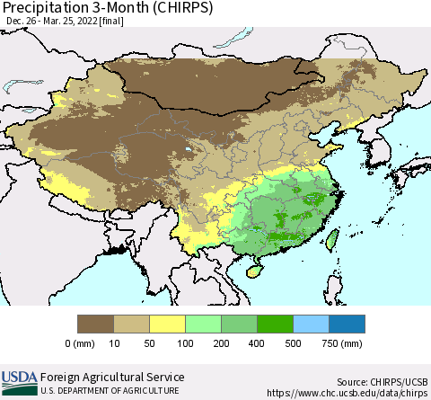 China, Mongolia and Taiwan Precipitation 3-Month (CHIRPS) Thematic Map For 12/26/2021 - 3/25/2022