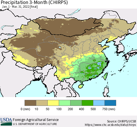 China, Mongolia and Taiwan Precipitation 3-Month (CHIRPS) Thematic Map For 1/1/2022 - 3/31/2022